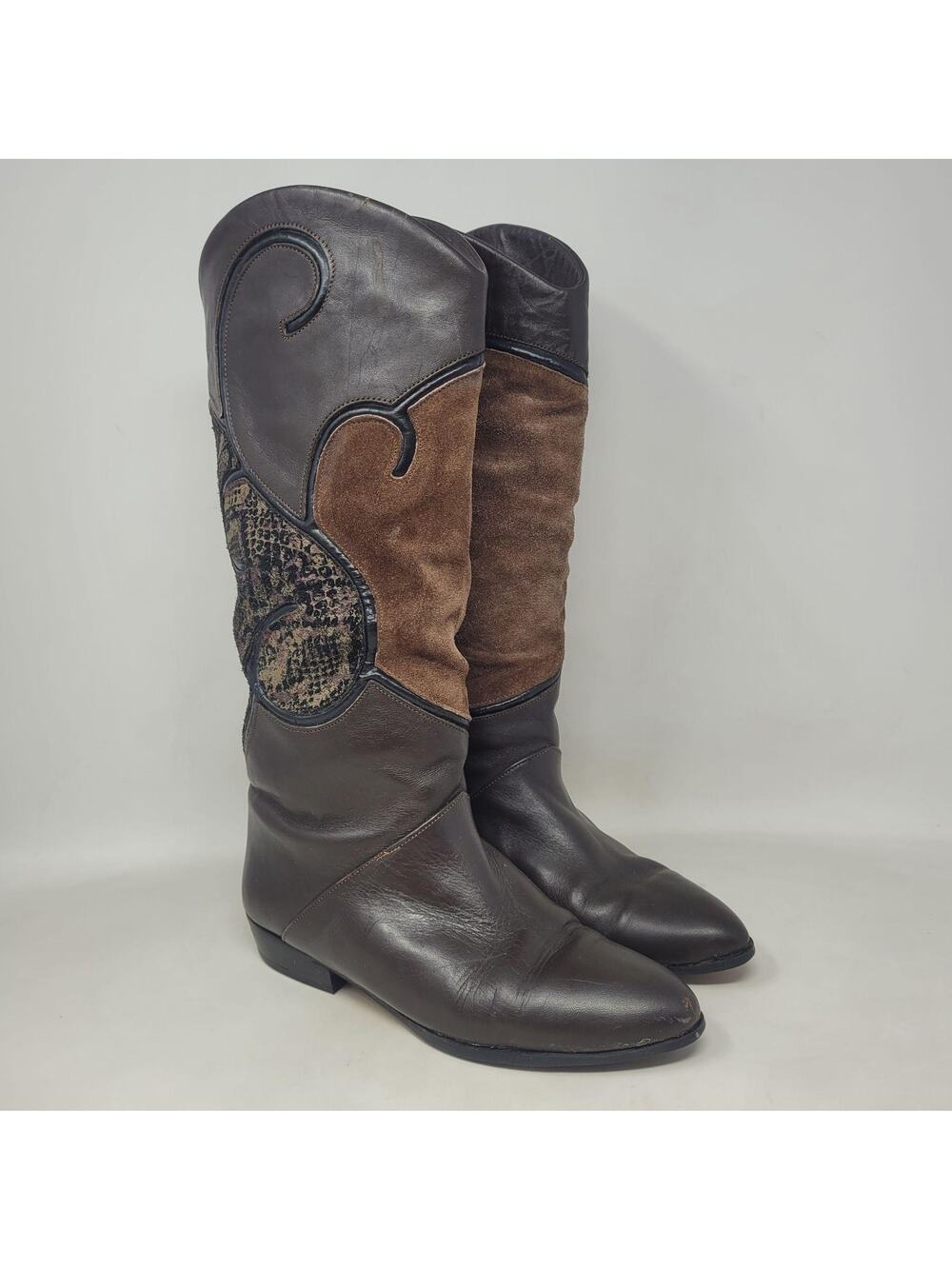 Brown Leather‎ Boots 6.5 Animal Print Suede Western Tall Patchwork Boho Cowgirl